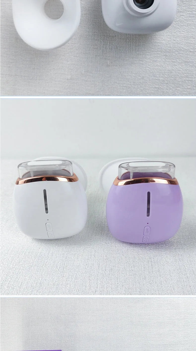 White and purple rechargeable eye humidifier with USB charging cable