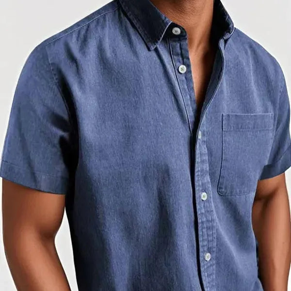 Men's loose fit short sleeve shirt in cotton blend fabric showing single-breasted cardigan styling