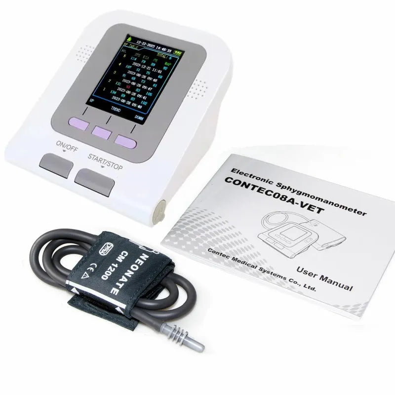 CONTEC08A veterinary digital blood pressure monitor with colour display and cuff for animals.