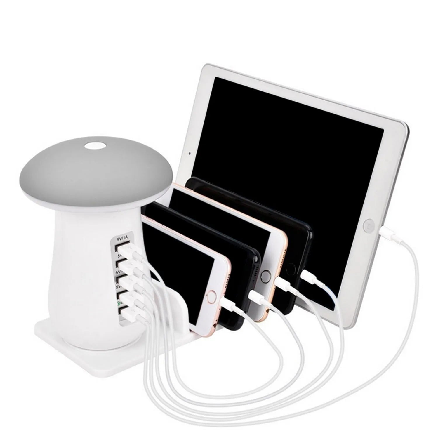 White mushroom-shaped USB charging dock station with five ports and a built-in LED night lamp on a desk.