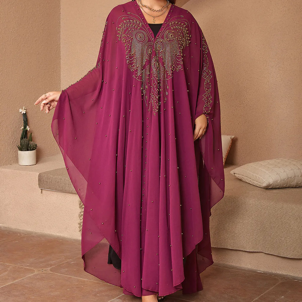 Muslim style high density chiffon cape shawl with rhinestone beading in purple, black, red, blue, yellow, and pink options