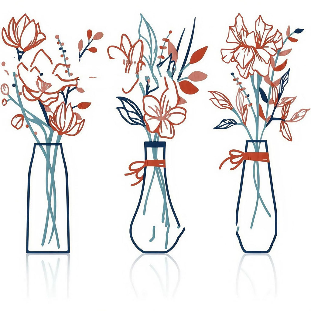 Set of three metal flower wall art pieces with colour vase designs, in a choice of four colour finishes.