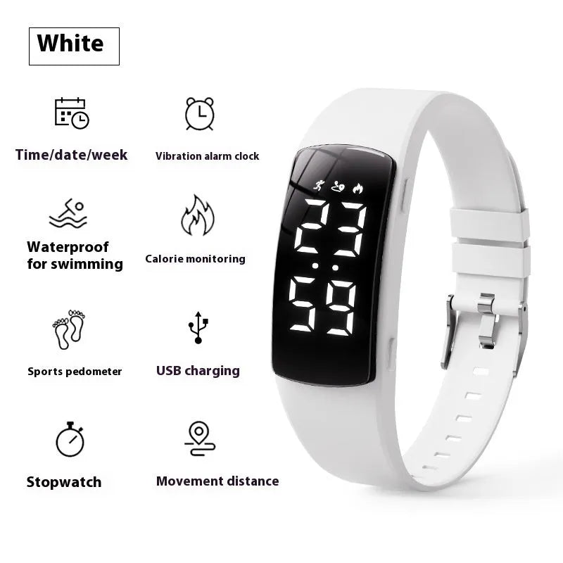 Black vibration alarm smart watch with LED display and silicone strap on a wrist.