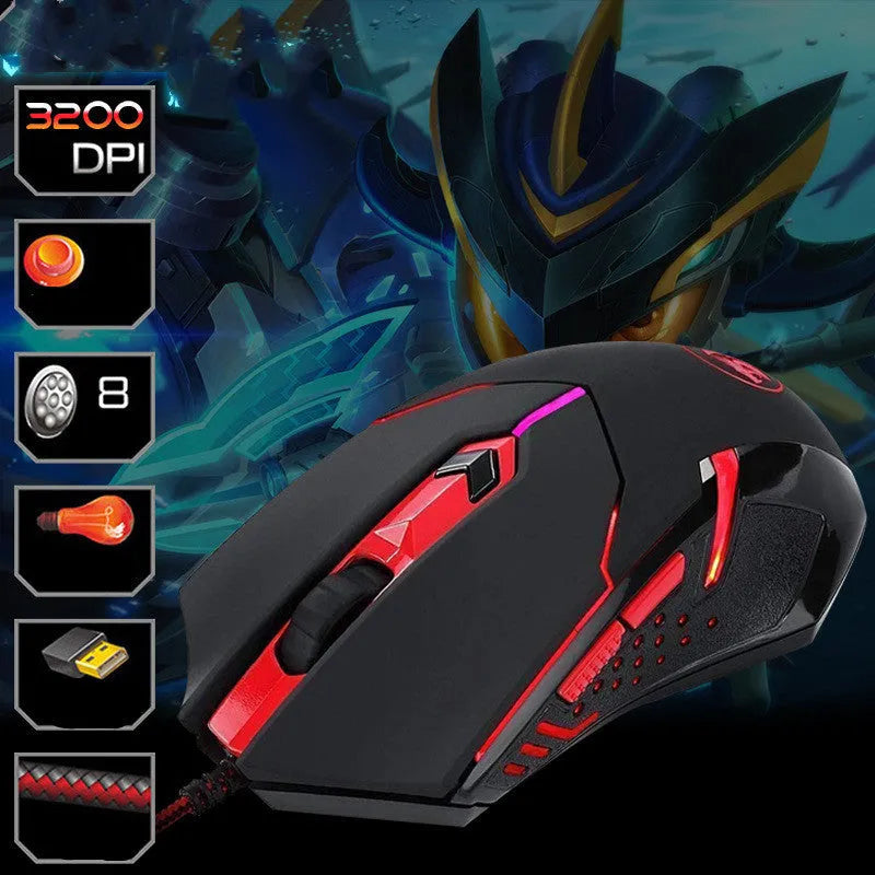 Black and red USB wired optical gaming mouse with six keys on an ergonomic shape.