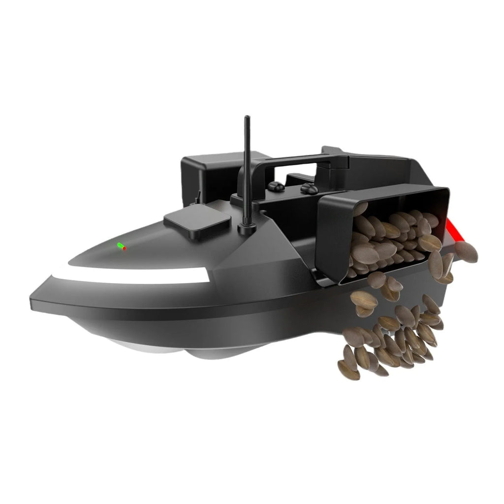 V020 GPS remote control fishing boat in luminous yellow with remote controller, showing LED light and drip bait function.