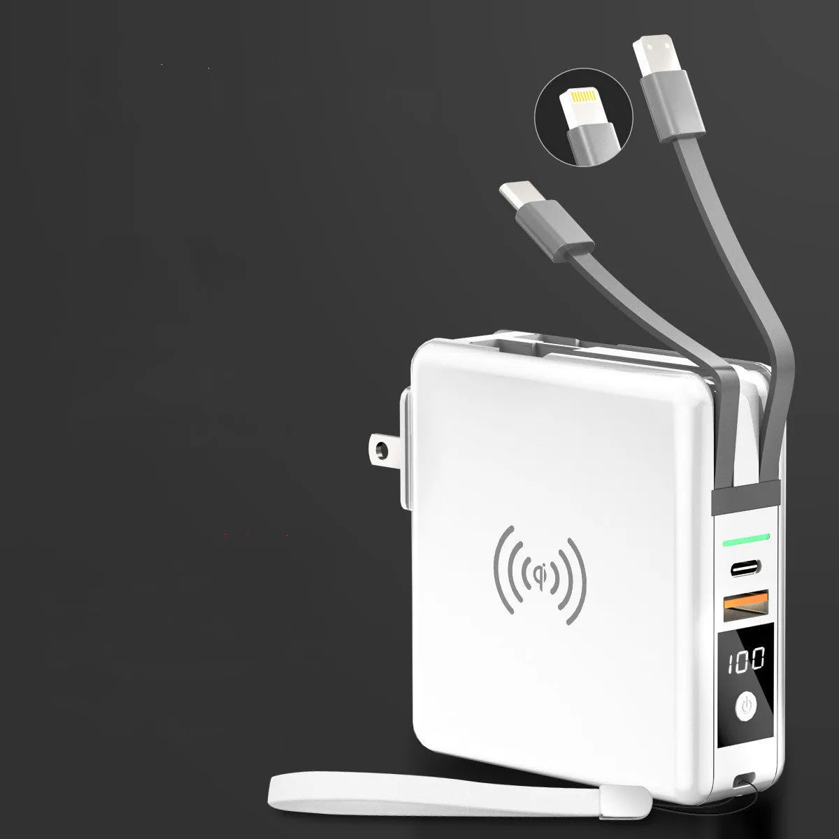 Black and white Super QI wireless charging power bank with integrated plug and international adaptors.