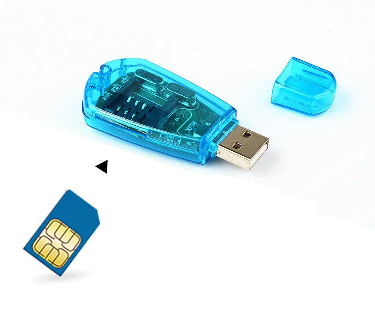 Blue USB SIM card reader for mobile phone data management on computer