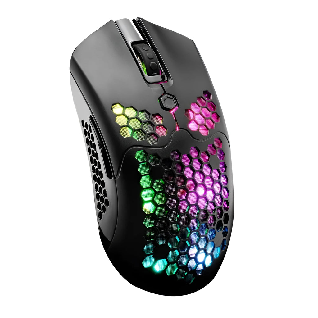 Wireless gaming mouse with RGB lighting in black, green, pink, white, and yellow colour options showing dual-mode connectivity