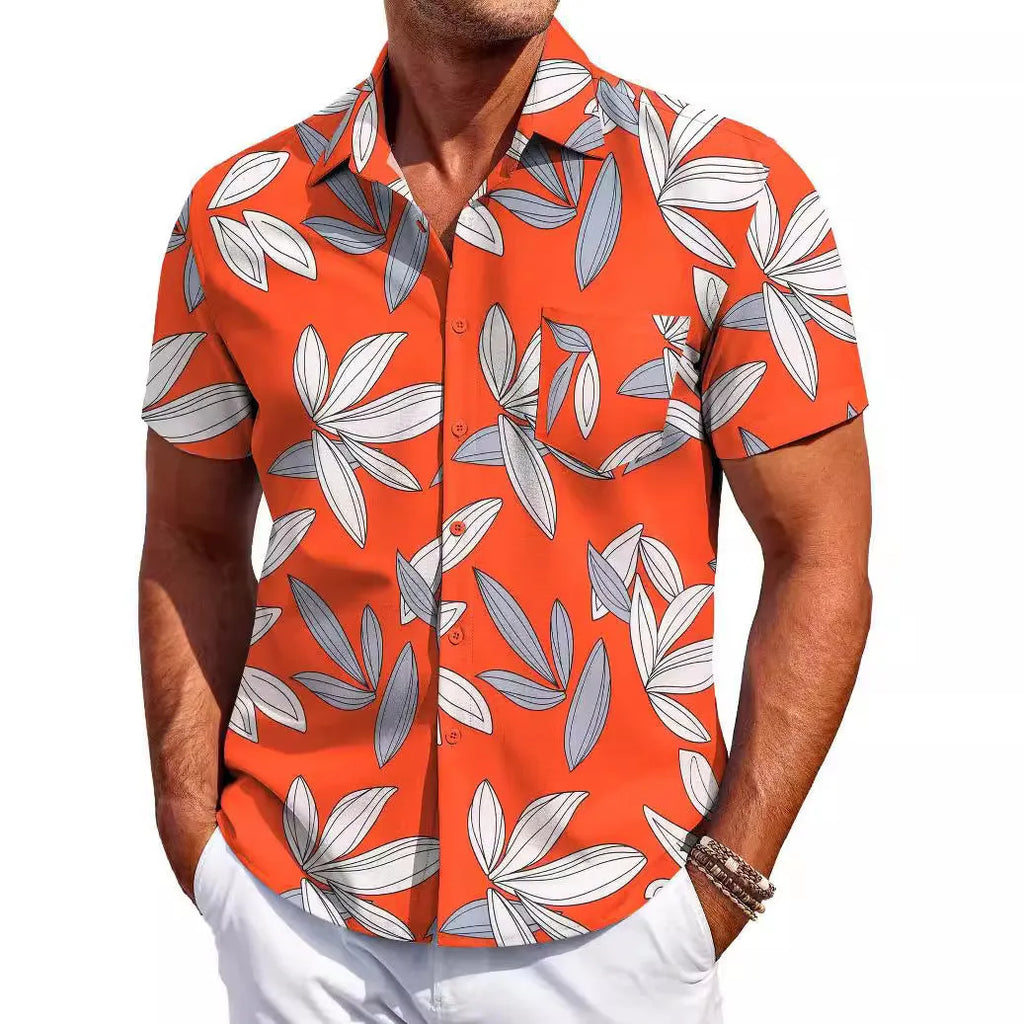 Men's slim fit short sleeve shirt cardigan in elastic polyester fabric on a hanger.