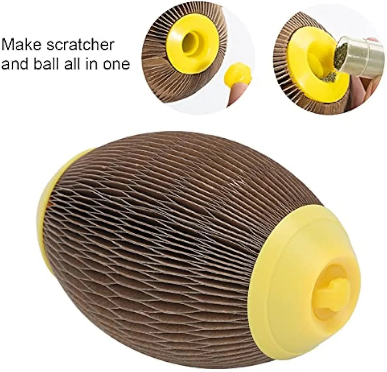 Ellipse-shaped catnip ball toy made of recycled corrugated paper, showing scratch surface and size.