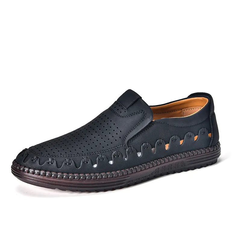 Men's brown slip-on casual shoes with round toe and low-top design