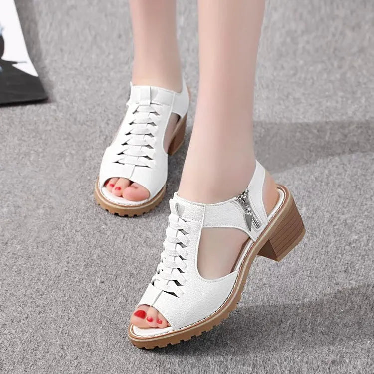 Women's black retro sandals with a side zipper closure and a beef tendon sole