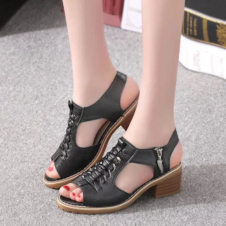 Women's black retro sandals with a side zipper closure and a beef tendon sole
