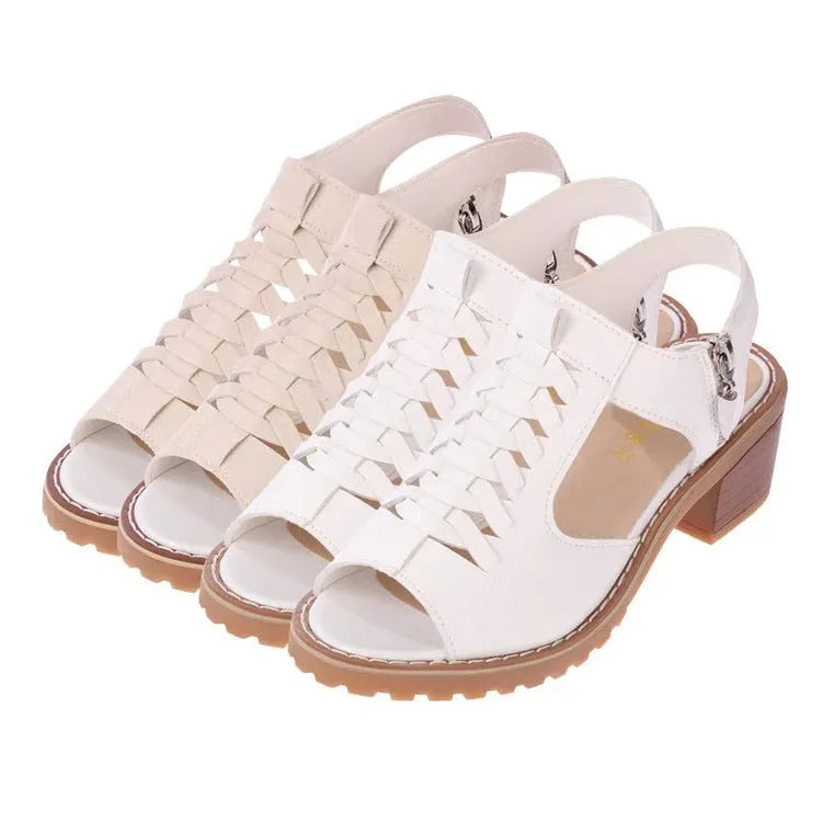 Women's black retro sandals with a side zipper closure and a beef tendon sole