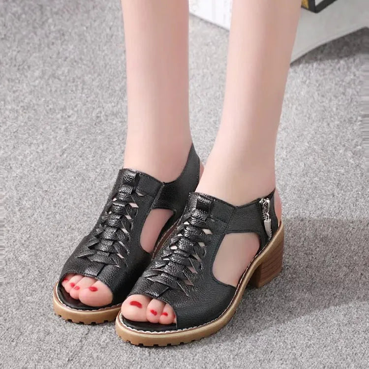 Women's black retro sandals with a side zipper closure and a beef tendon sole