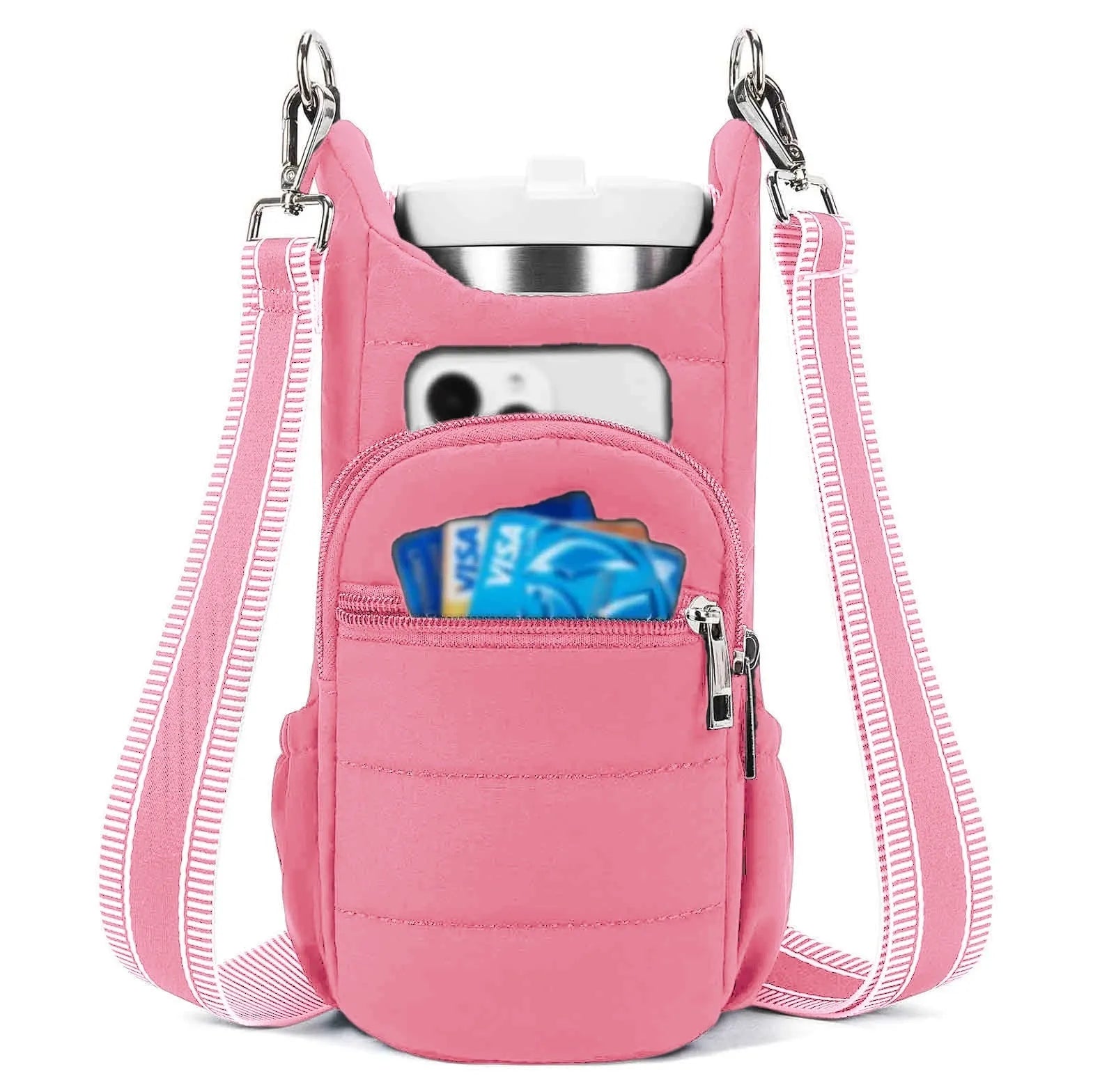 Black, pink and beige cloth water bottle bags for bicycles