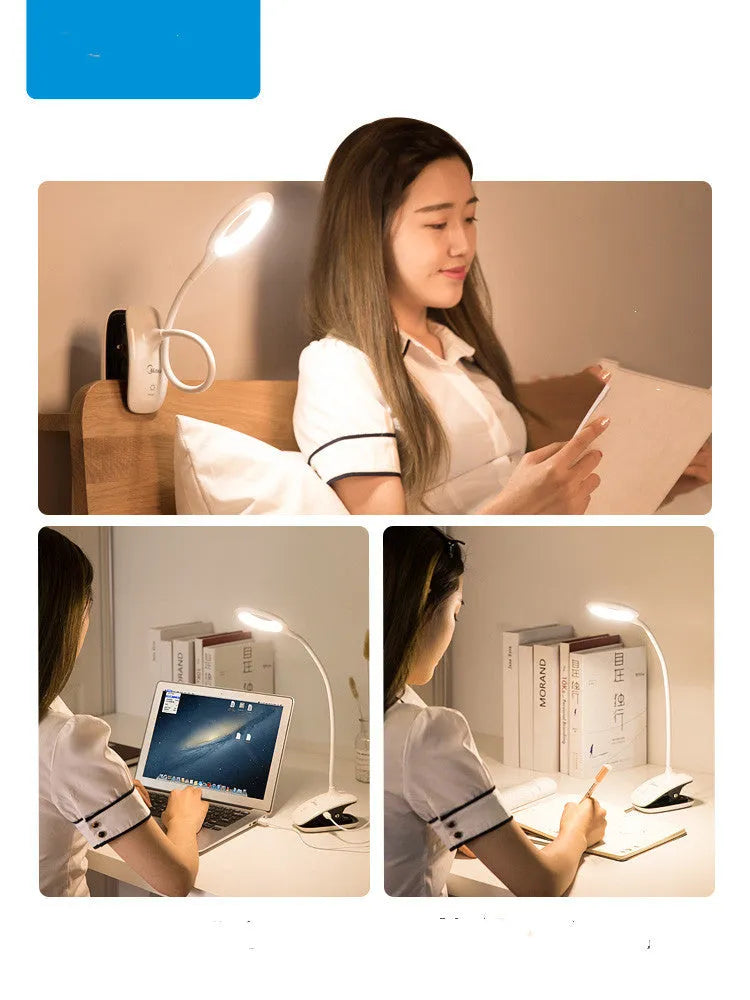 Green, pink, and white USB rechargeable table lamp with a touch switch on a wooden desk.
