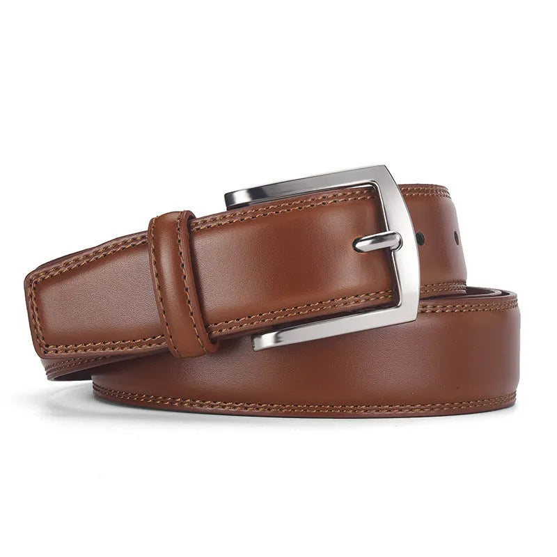 Men's black leather belt with an alloy pin buckle on a white background