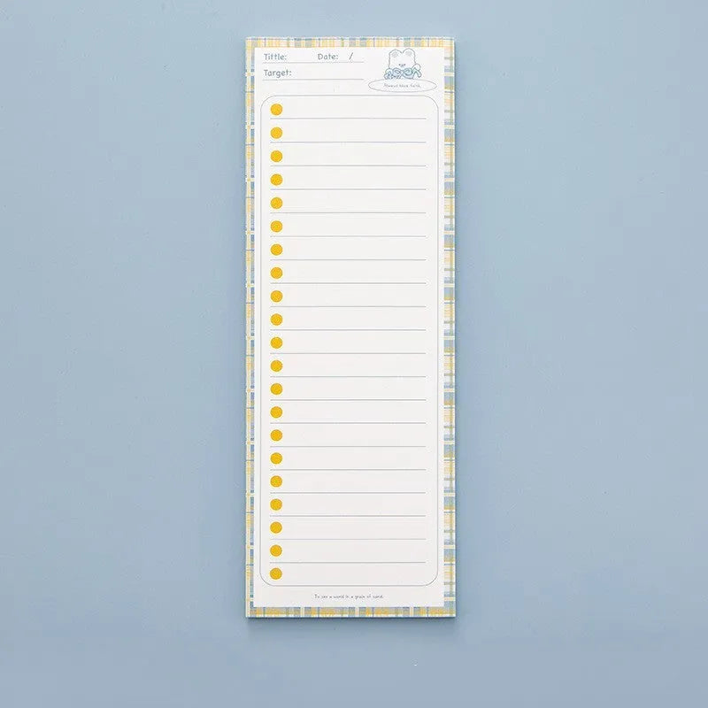 Colourful cartoon sticky note pad in plastic storage box, size 90 by 248 millimetres.