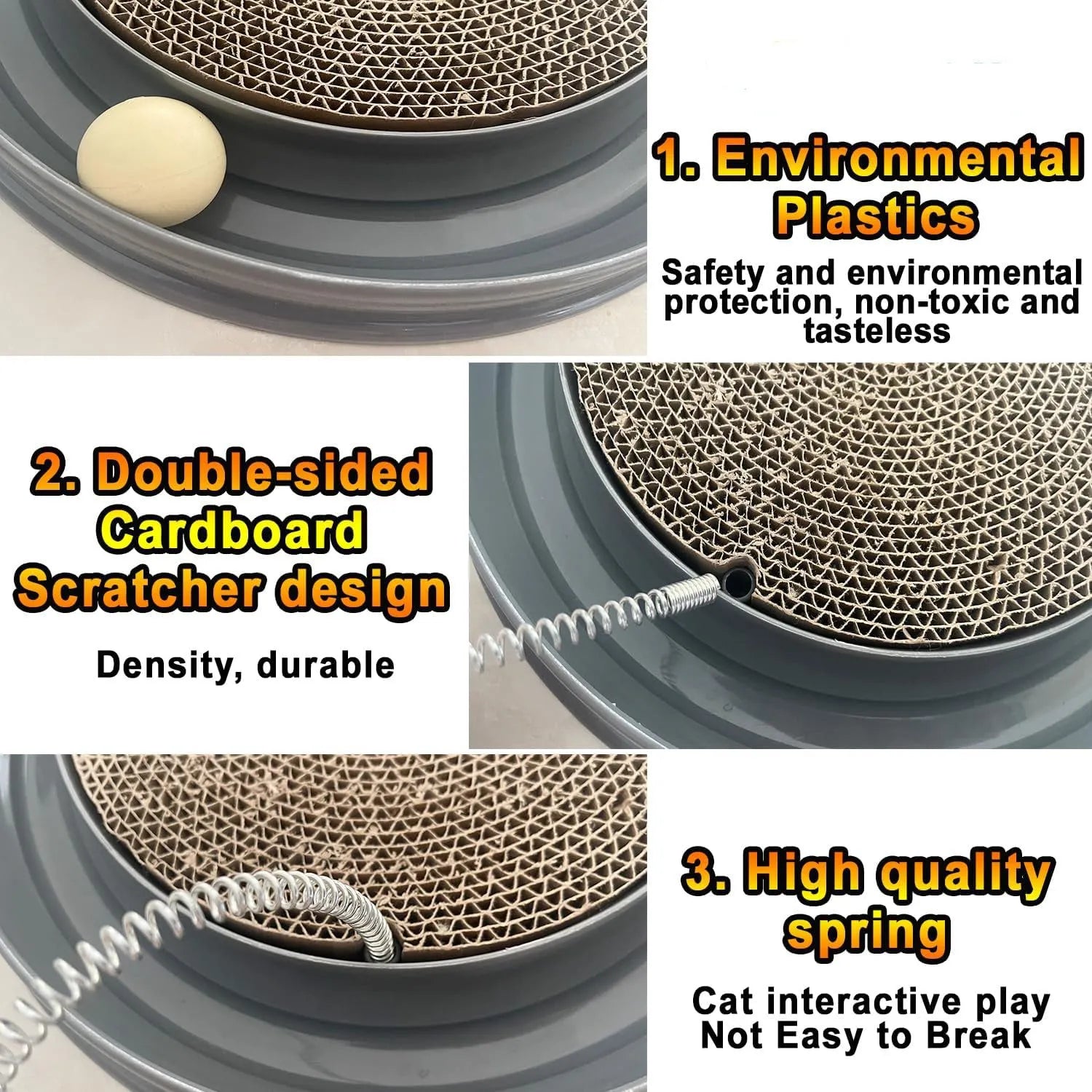 Blue cat scratcher toy with circular ball track and replaceable cardboard scratching surface