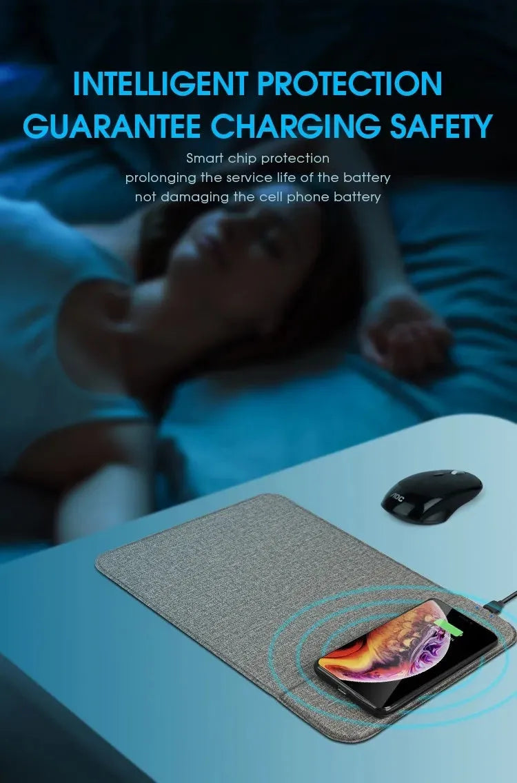 Foldable cloth phone stand open, showing wireless charging of a smartphone at an angle