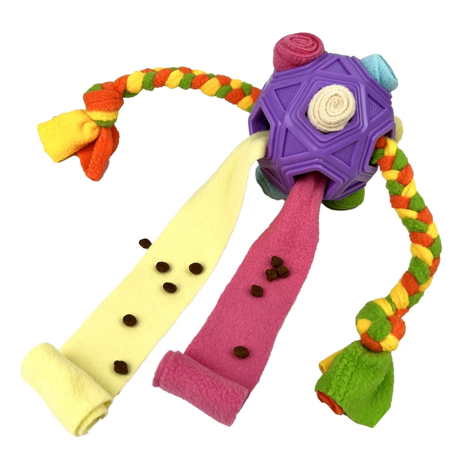 Colourful silicone dog snuffle ball puzzle toy for IQ training and slow feeding.