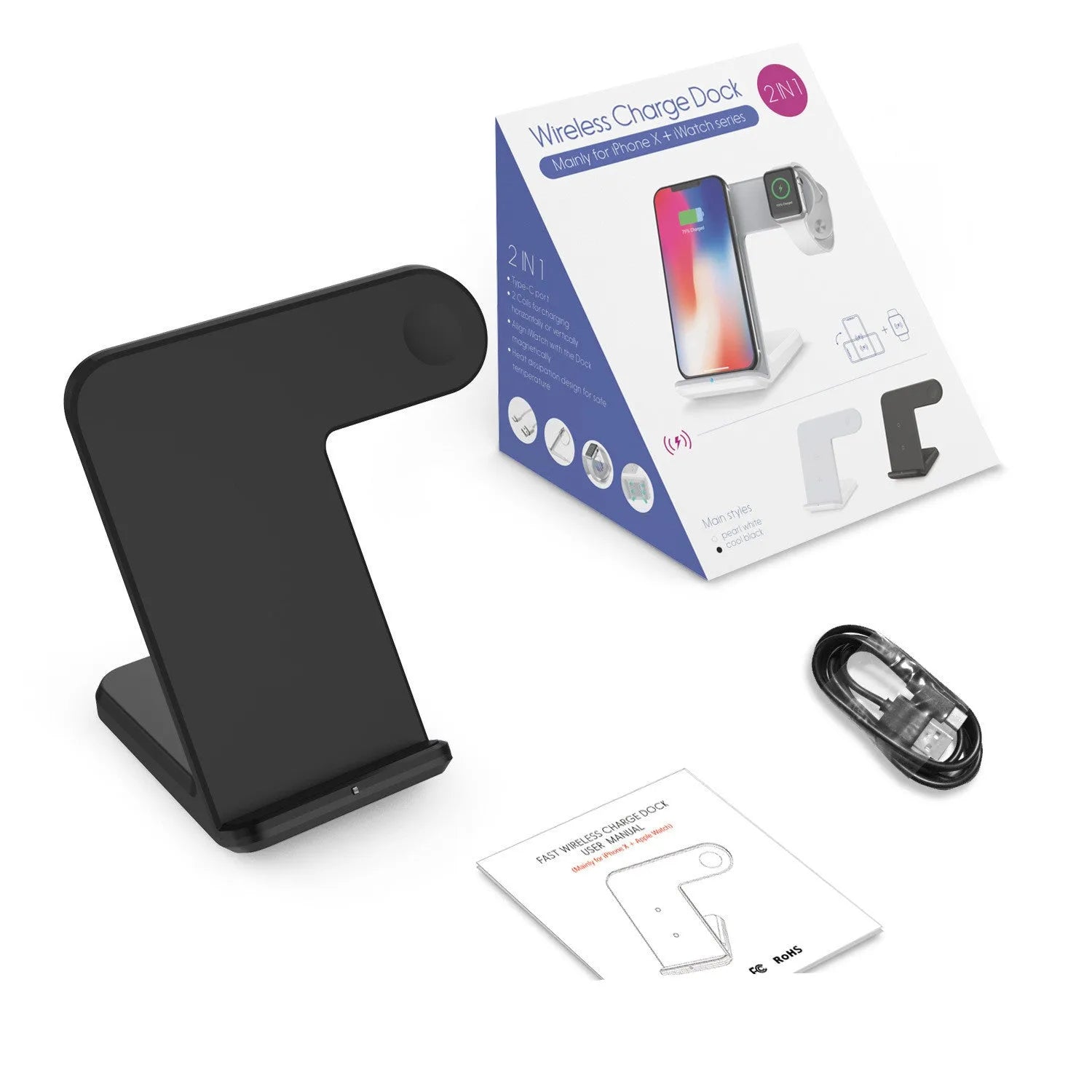Black and white mobile phone wireless charger with Type-C cable, showing compact size.