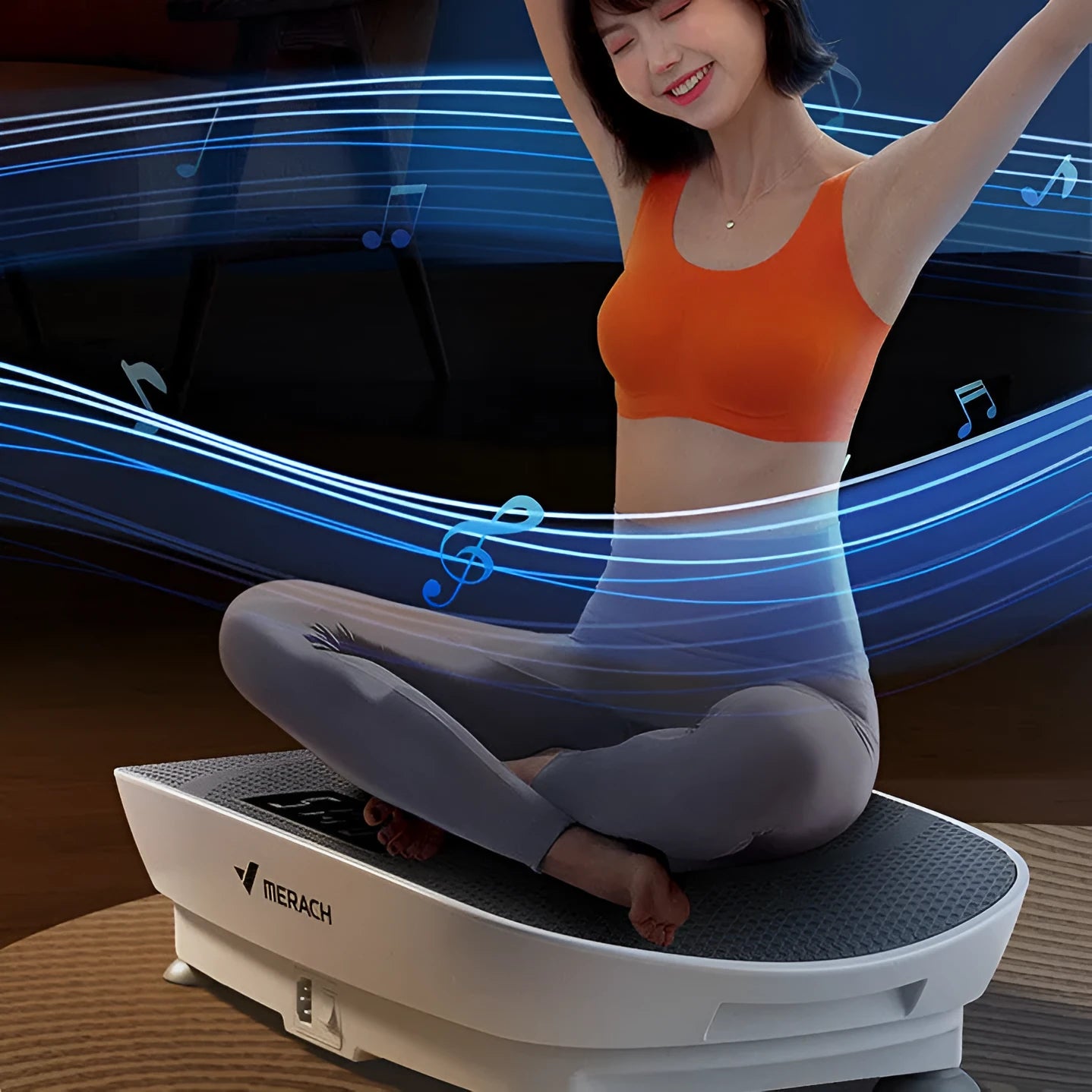 Grey and pink portable smart power plate for home fitness with dimensions 58cm by 38cm.