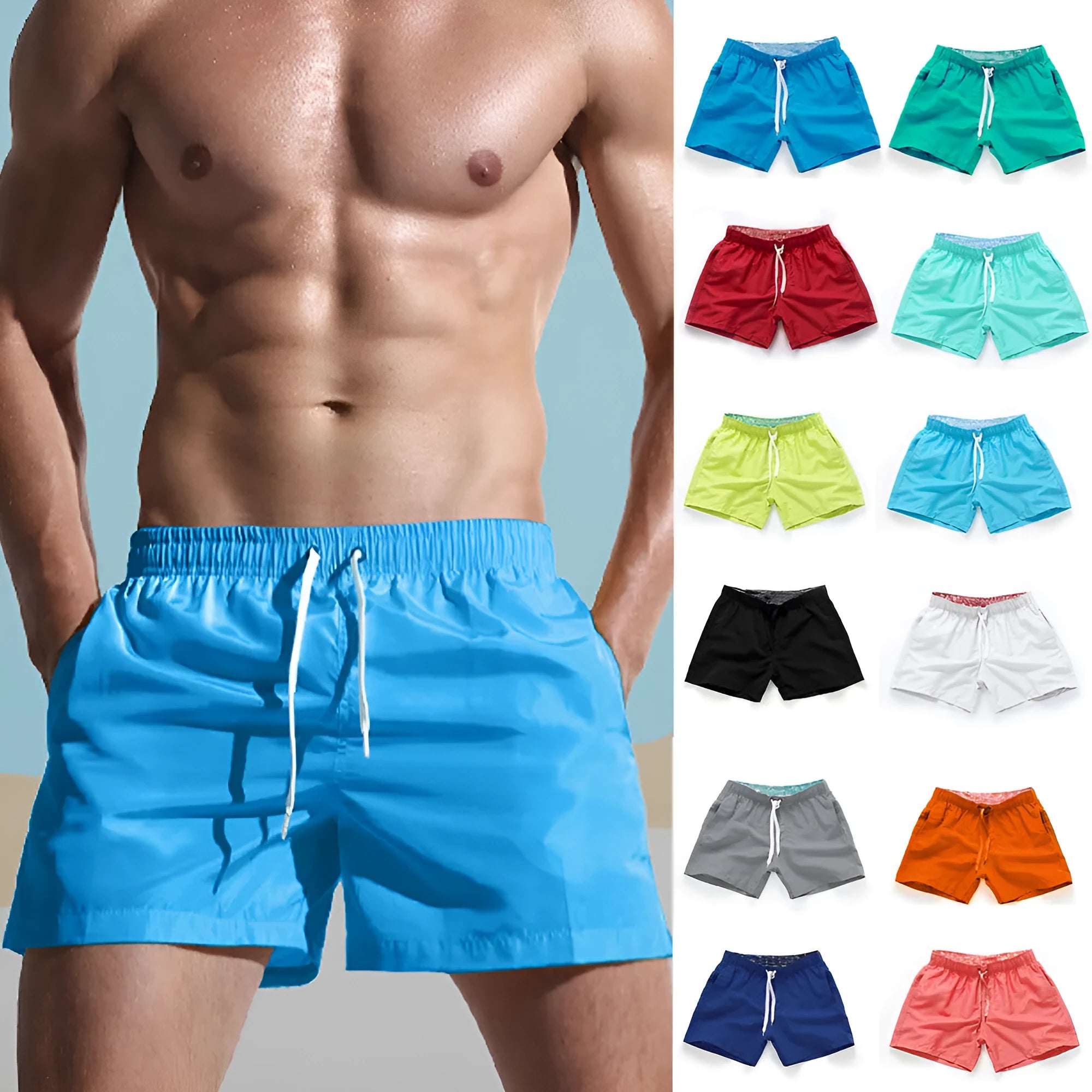 Men's straight leg beach shorts in polyester fabric available in multiple colours and sizes S to 4XL