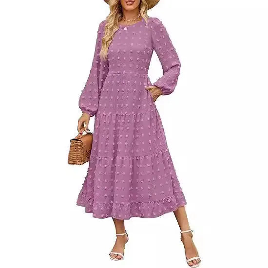 Women's long sleeve autumn dress with high waist and ruffle sleeves in solid colour