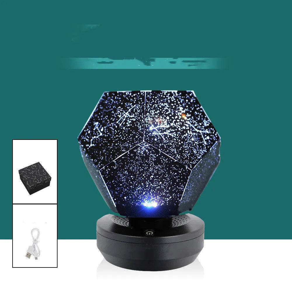 LED starry sky projector night lamp showing constellation projection on a bedroom ceiling.