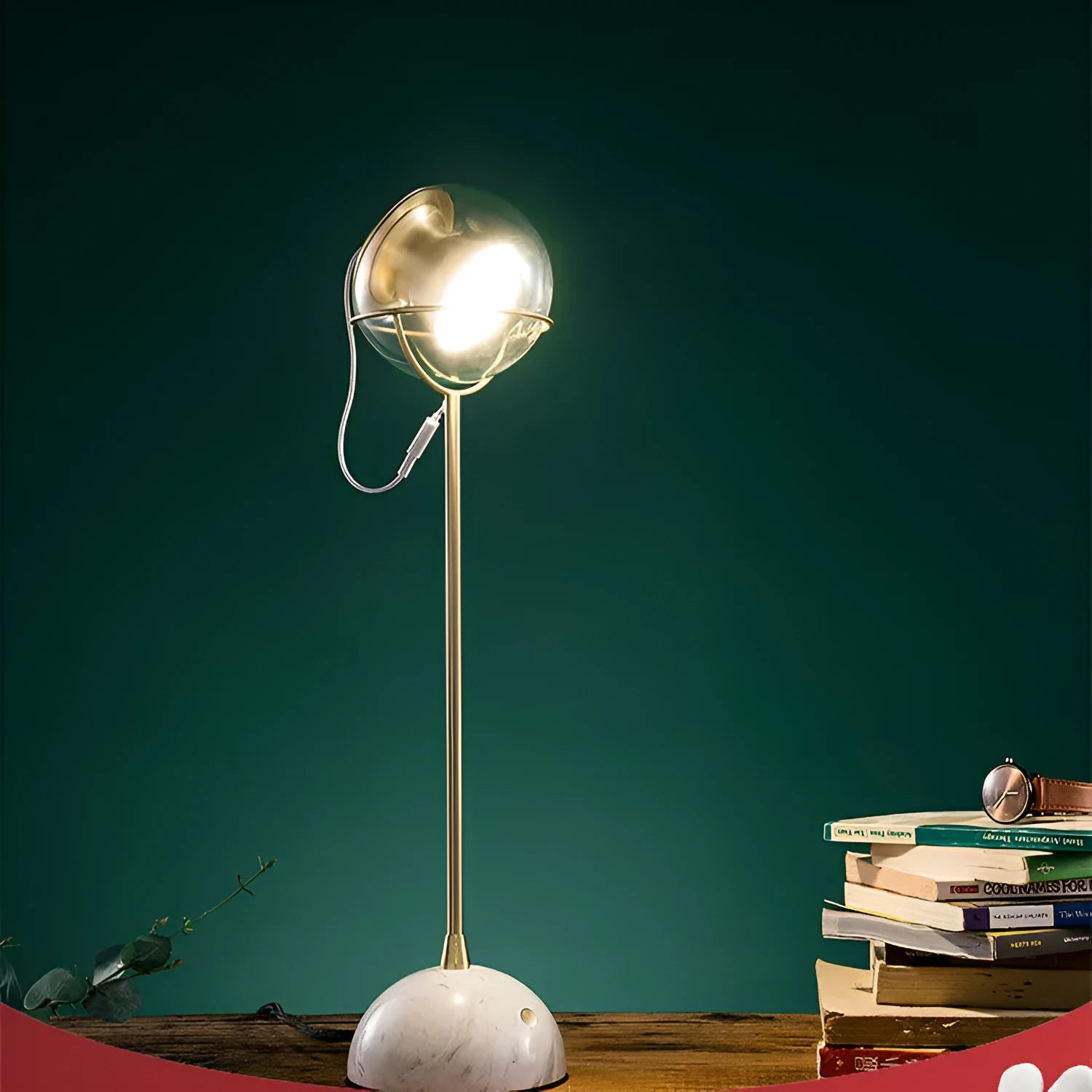 White desk lamp with glass shade and touch-sensitive dimmer switch.