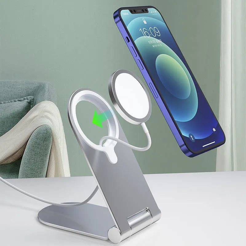 Silver vertical magnetic bracket body made of aluminium alloy and plastic for iPhone 12, measuring 105mm x 110mm