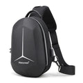 Waterproof Oxford cloth chest bag in black, shown with items like iPad, phone, and wallet inside.