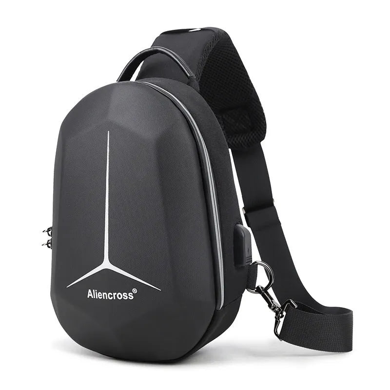 Waterproof Oxford cloth chest bag in black, shown with items like iPad, phone, and wallet inside.