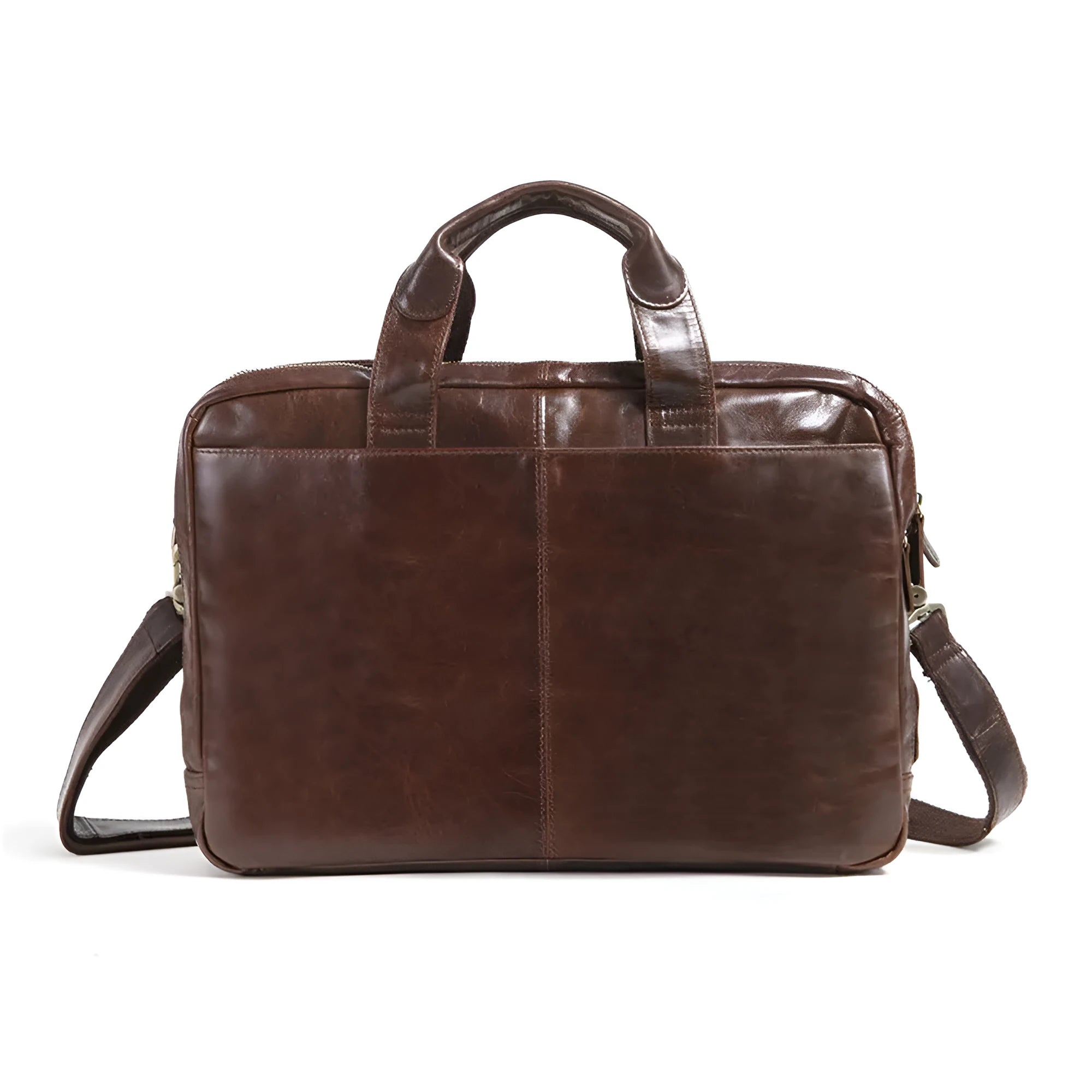 Brown men's business briefcase made from first layer cowhide leather with 18-inch laptop compartment