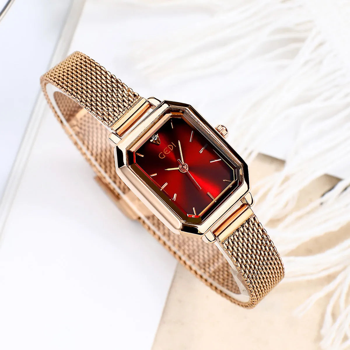 Women's square retro casual watch with rose gold case in six colour variations