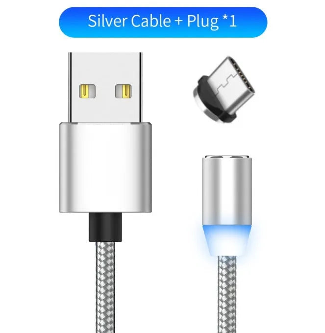 YBD black and red braided magnetic charging cable with Lightning, Micro USB, and Type-C connectors on a table.