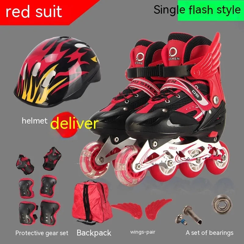 Children's adjustable skating shoes with protective gear set showing aluminium frame and wheels