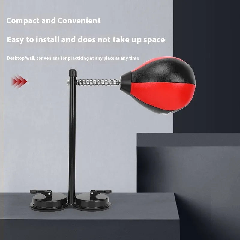 Pear-shaped hanging boxing training ball with red and black PU construction and complete mounting hardware