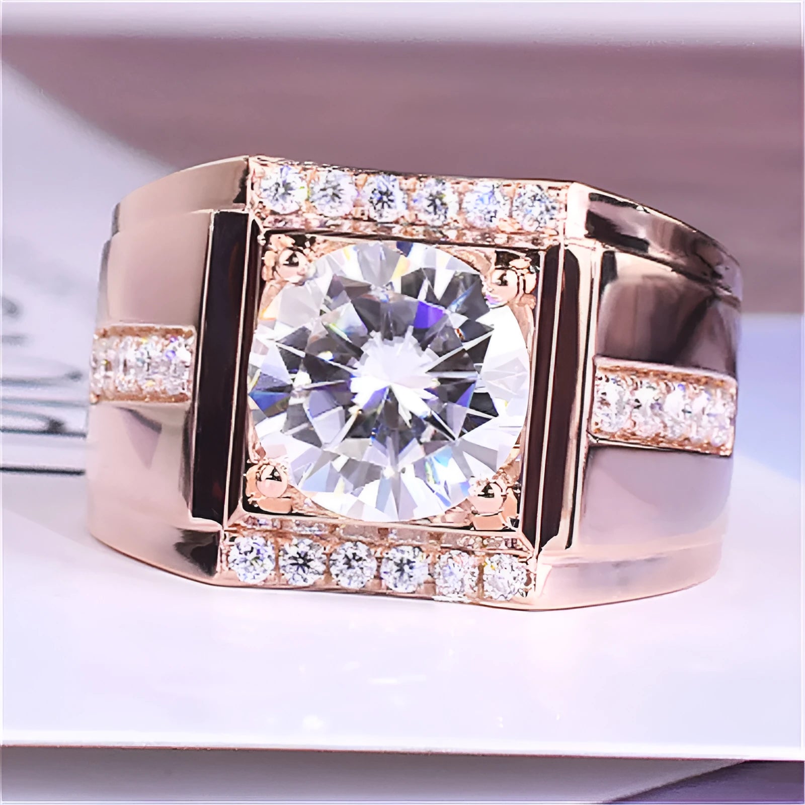 Men's adjustable geometric diamond ring with high carbon zircon in rose gold electroplated finish