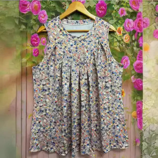 Plus size women's floral print sleeveless polyester vest in black or khaki colour