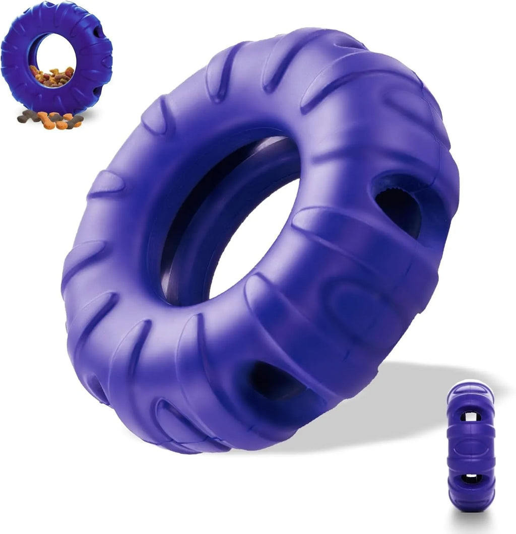Blue natural rubber dog tyre chew toy with oval openings, shown as a slow feeder and interactive puzzle toy.