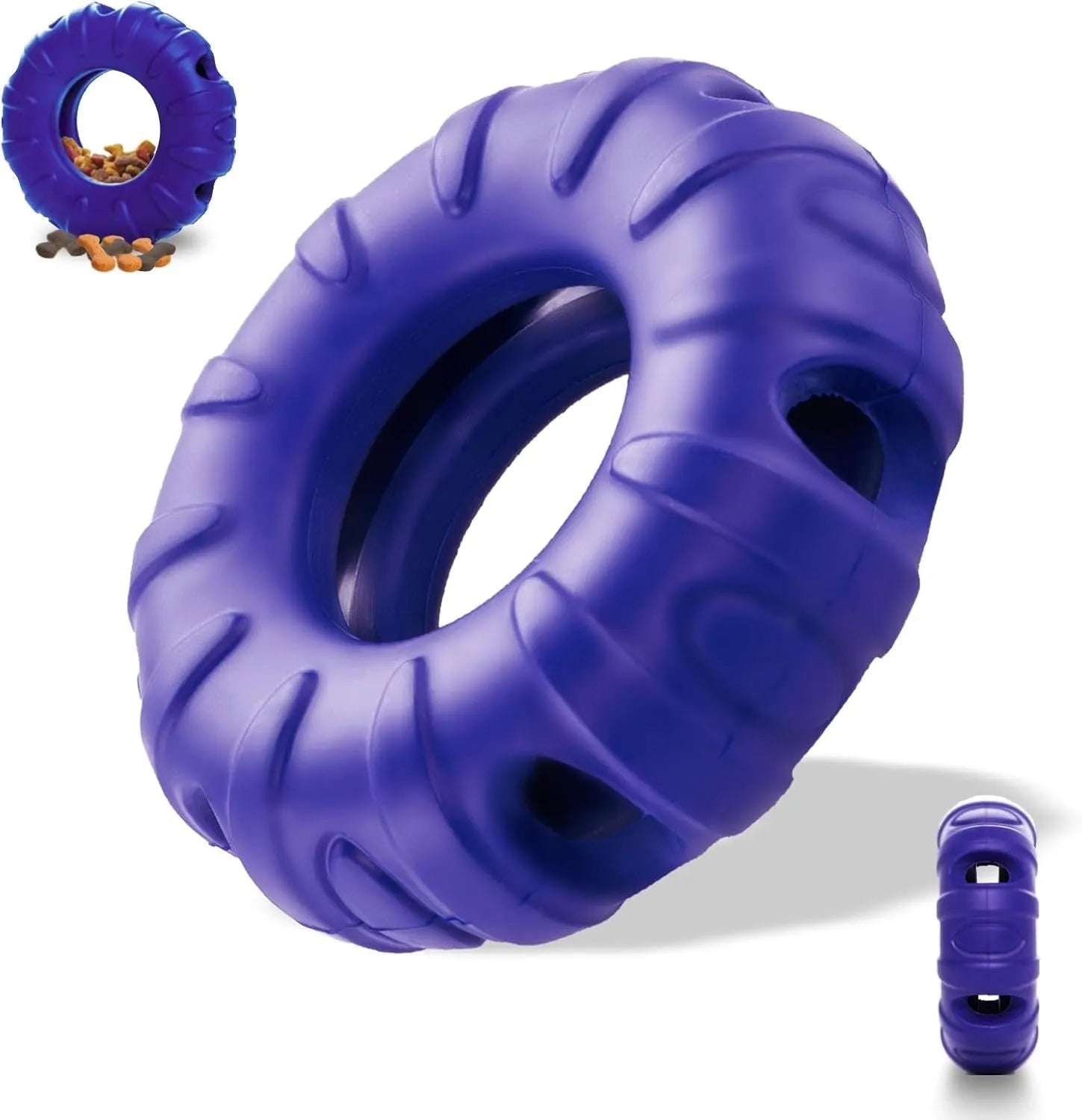 Blue natural rubber dog tyre chew toy with oval openings, shown as a slow feeder and interactive puzzle toy.