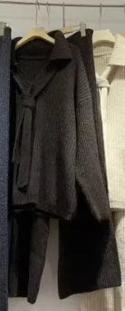 Acrylic fibre knit two-piece set with long sleeves in beige, dark coffee, dark grey or grey