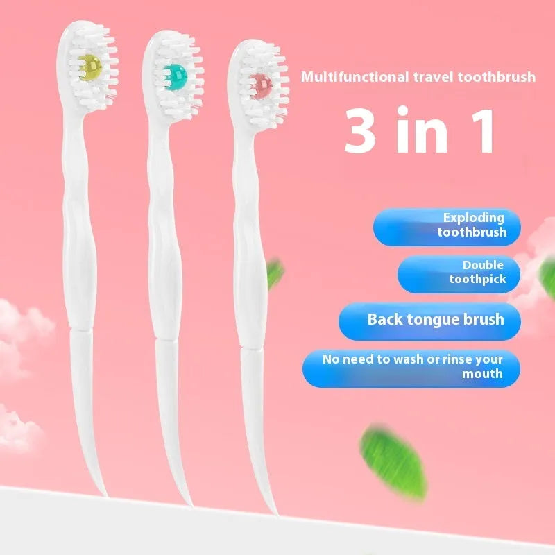 Box of Bead disposable toothbrushes showing mint, peach, and plum green tea flavour options.
