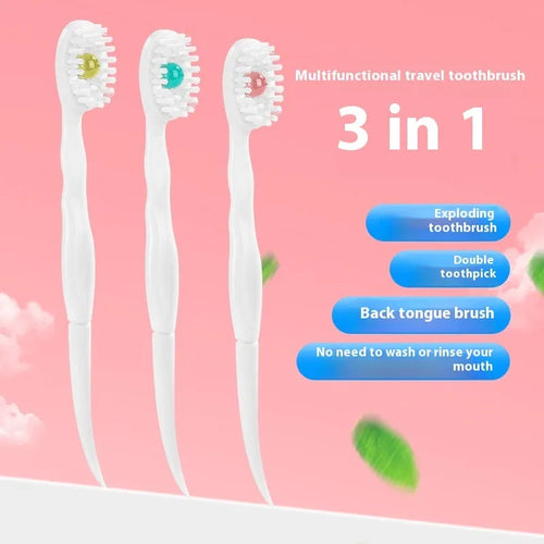 Box of Bead disposable toothbrushes showing mint, peach, and plum green tea flavour options.
