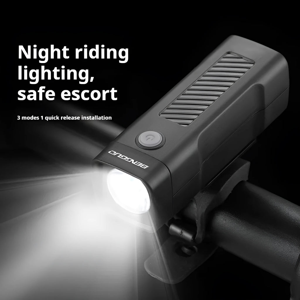 Bicycle headlight with LED light and USB charging port mounted on handlebars