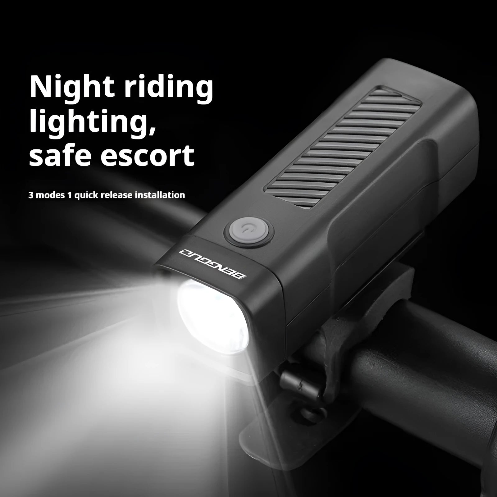 Bicycle headlight with LED light and USB charging port mounted on handlebars