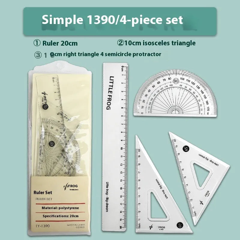 Transparent acrylic drawing ruler set with protractor for technical drafting and geometry